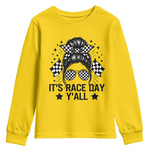 Racing Checkered Flag Messy Bun Race Day Youth Sweatshirt TS14 Daisy Print Your Wear