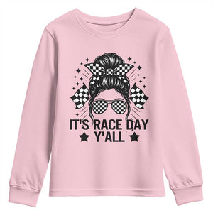 Racing Checkered Flag Messy Bun Race Day Youth Sweatshirt TS14 Light Pink Print Your Wear