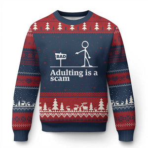 Adulting Is A Scam Ugly Christmas Sweater Funny Quote Adult Humor TS14 Navy Red Print Your Wear