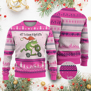 Off To Cause A Kerfuffle Ugly Christmas Sweater Funny Frog Xmas Meme Weirdcore TS14 Hot Pink Print Your Wear
