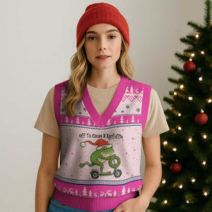 Off To Cause A Kerfuffle V-Neck Knit Sweater Vest Funny Frog Xmas Meme Weirdcore TS14 Hot Pink Print Your Wear