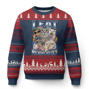 Funny Cat Meme Ugly Christmas Sweater I Eat Microplastics TS14 Navy Red Print Your Wear
