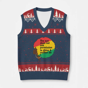 Black Woman Empowerment V-Neck Knit Sweater Vest The Sun Does Not Ask Permission To Shine TS14 Navy Red Print Your Wear