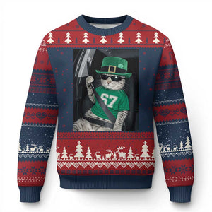 67 Cat St Patricks Day Ugly Christmas Sweater Funny Cat Driver Leprechaun Meme TS14 Navy Red Print Your Wear
