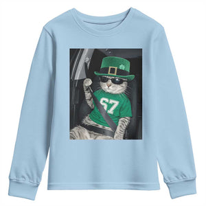 67 Cat St Patricks Day Youth Sweatshirt Funny Cat Driver Leprechaun Meme TS14 Light Blue Print Your Wear