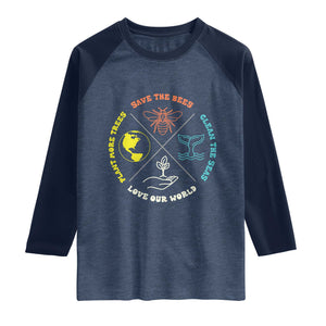 Earth Day Awareness Raglan Shirt Save The Bees Plant More Trees Clean The Seas Titties TS14 Heather Denim Navy Print Your Wear