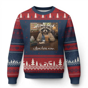 Funny School Therapist Raccoon Drinking Iced Coffee Ugly Christmas Sweater TS14 Navy Red Print Your Wear