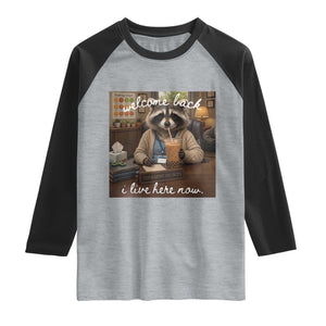 Funny School Therapist Raccoon Drinking Iced Coffee Raglan Shirt TS14 Heather Gray Black Print Your Wear