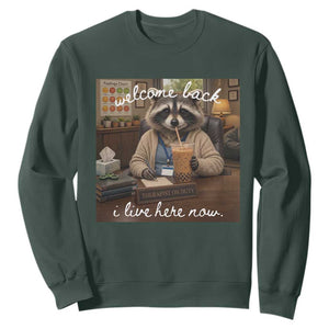 Funny School Therapist Raccoon Drinking Iced Coffee Sweatshirt TS14 Dark Forest Green Print Your Wear