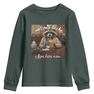 Funny School Therapist Raccoon Drinking Iced Coffee Youth Sweatshirt TS14 Dark Forest Green Print Your Wear
