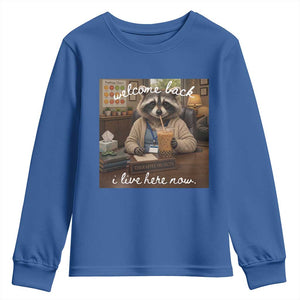 Funny School Therapist Raccoon Drinking Iced Coffee Youth Sweatshirt TS14 Royal Blue Print Your Wear