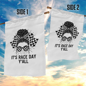 Racing Car Checkered Flag Garden Flag Messy Bun Woman Race Day TS14 Print Your Wear