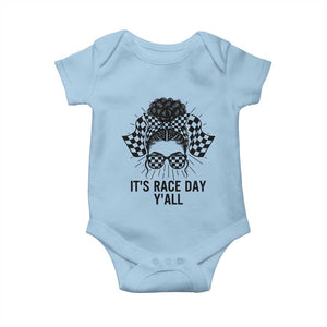 Racing Car Checkered Flag Baby Onesie Messy Bun Woman Race Day TS14 Light Blue Print Your Wear