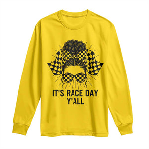Racing Car Checkered Flag Long Sleeve Shirt Messy Bun Woman Race Day TS14 Daisy Print Your Wear