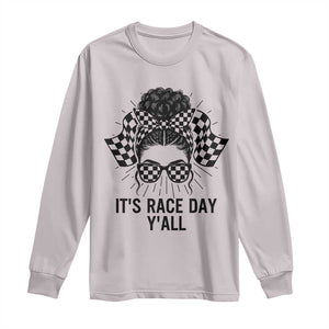 Racing Car Checkered Flag Long Sleeve Shirt Messy Bun Woman Race Day TS14 Ice Gray Print Your Wear