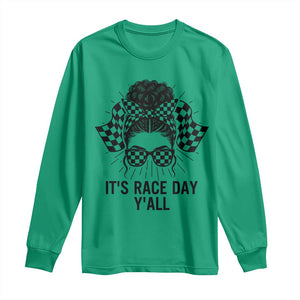 Racing Car Checkered Flag Long Sleeve Shirt Messy Bun Woman Race Day TS14 Irish Green Print Your Wear