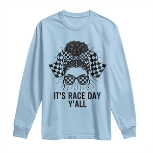 Racing Car Checkered Flag Long Sleeve Shirt Messy Bun Woman Race Day TS14 Light Blue Print Your Wear