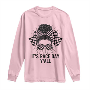 Racing Car Checkered Flag Long Sleeve Shirt Messy Bun Woman Race Day TS14 Light Pink Print Your Wear
