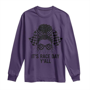 Racing Car Checkered Flag Long Sleeve Shirt Messy Bun Woman Race Day TS14 Purple Print Your Wear