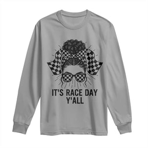 Racing Car Checkered Flag Long Sleeve Shirt Messy Bun Woman Race Day TS14 Sport Gray Print Your Wear