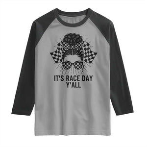 Racing Car Checkered Flag Raglan Shirt Messy Bun Woman Race Day TS14 Sport Gray Black Print Your Wear