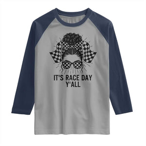 Racing Car Checkered Flag Raglan Shirt Messy Bun Woman Race Day TS14 Sport Gray Navy Print Your Wear