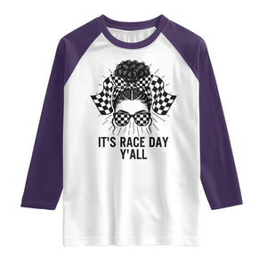 Racing Car Checkered Flag Raglan Shirt Messy Bun Woman Race Day TS14 White Purple Print Your Wear