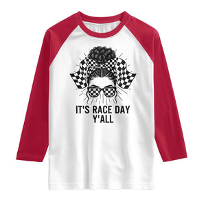 Racing Car Checkered Flag Raglan Shirt Messy Bun Woman Race Day TS14 White Red Print Your Wear