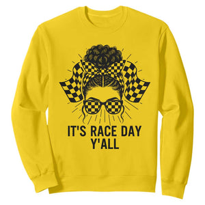 Racing Car Checkered Flag Sweatshirt Messy Bun Woman Race Day TS14 Daisy Print Your Wear