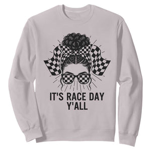 Racing Car Checkered Flag Sweatshirt Messy Bun Woman Race Day TS14 Ice Gray Print Your Wear