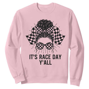 Racing Car Checkered Flag Sweatshirt Messy Bun Woman Race Day TS14 Light Pink Print Your Wear
