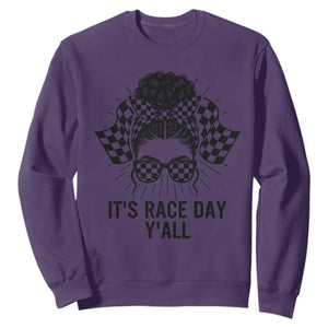 Racing Car Checkered Flag Sweatshirt Messy Bun Woman Race Day TS14 Purple Print Your Wear