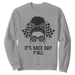 Racing Car Checkered Flag Sweatshirt Messy Bun Woman Race Day TS14 Sport Gray Print Your Wear