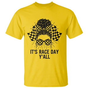 Racing Car Checkered Flag T Shirt Messy Bun Woman Race Day TS14 Daisy Print Your Wear