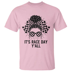 Racing Car Checkered Flag T Shirt Messy Bun Woman Race Day TS14 Light Pink Print Your Wear