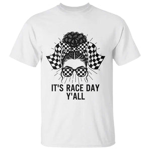 Racing Car Checkered Flag T Shirt Messy Bun Woman Race Day TS14 White Print Your Wear