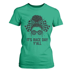 Racing Car Checkered Flag T Shirt For Women Messy Bun Woman Race Day TS14 Irish Green Print Your Wear
