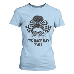 Racing Car Checkered Flag T Shirt For Women Messy Bun Woman Race Day TS14 Light Blue Print Your Wear