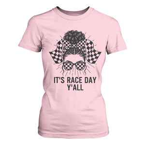 Racing Car Checkered Flag T Shirt For Women Messy Bun Woman Race Day TS14 Light Pink Print Your Wear