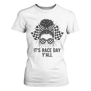 Racing Car Checkered Flag T Shirt For Women Messy Bun Woman Race Day TS14 White Print Your Wear