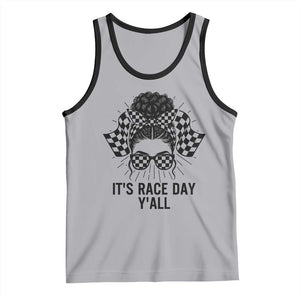 Racing Car Checkered Flag Tank Top Messy Bun Woman Race Day TS14 Athletic Heather Black Print Your Wear