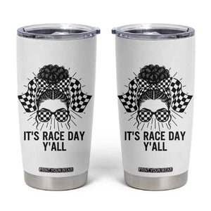 Racing Car Checkered Flag Tumbler Cup Messy Bun Woman Race Day TS14 White Print Your Wear