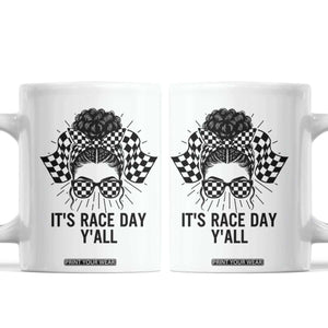 Racing Car Checkered Flag Coffee Mug Messy Bun Woman Race Day TS14 White Print Your Wear