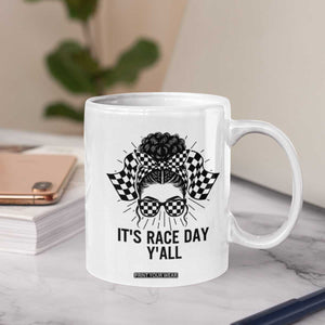 Racing Car Checkered Flag Coffee Mug Messy Bun Woman Race Day TS14 Print Your Wear