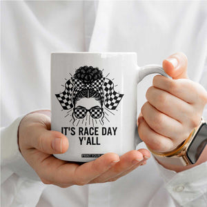 Racing Car Checkered Flag Coffee Mug Messy Bun Woman Race Day TS14 Print Your Wear