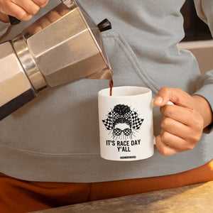 Racing Car Checkered Flag Coffee Mug Messy Bun Woman Race Day TS14 Print Your Wear