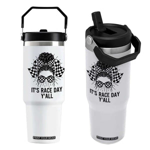 Racing Car Checkered Flag Flip Straw Tumbler Messy Bun Woman Race Day TS14 One Size: 30 oz White Print Your Wear