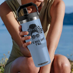 Racing Car Checkered Flag Flip Straw Tumbler Messy Bun Woman Race Day TS14 One Size: 30 oz Light Blue Print Your Wear