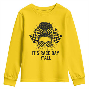 Racing Car Checkered Flag Youth Sweatshirt Messy Bun Woman Race Day TS14 Daisy Print Your Wear