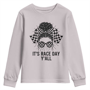 Racing Car Checkered Flag Youth Sweatshirt Messy Bun Woman Race Day TS14 Ice Gray Print Your Wear